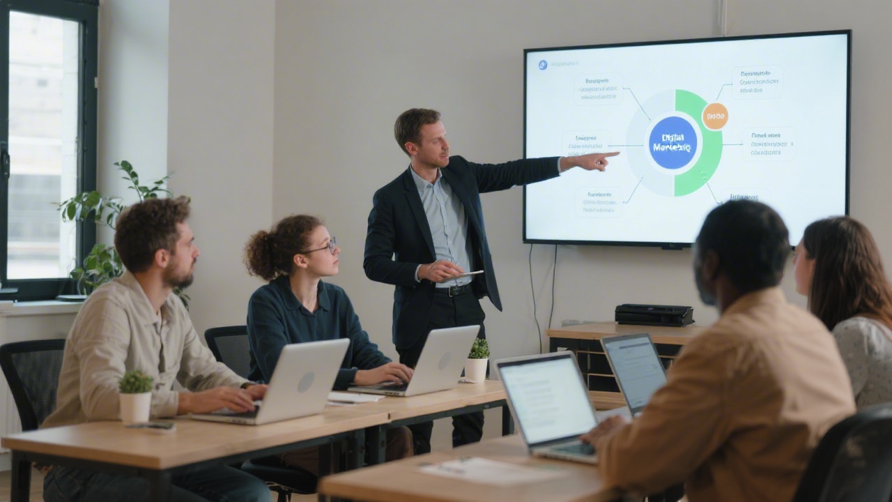 Small workshop setting with participants focused on laptops and a trainer pointing at a digital marketing diagram on a screen, showing collaborative learning.