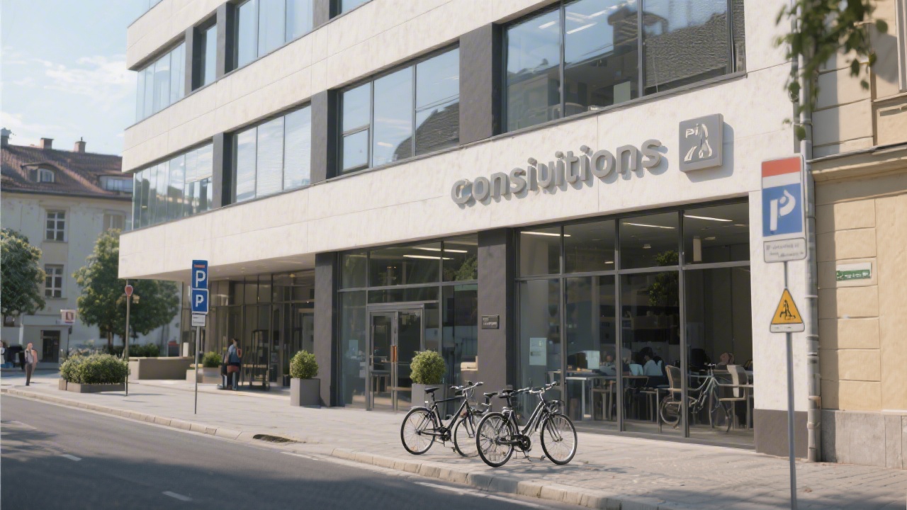Street view of a modern office building in Plzen with clear signage and bicycles nearby, suggesting easy local access to consultations.