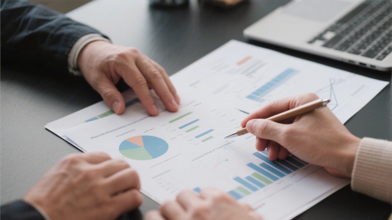 Close-up of hands collaborating over printed analytics reports and a laptop, illustrating a practical and focused approach to marketing education.