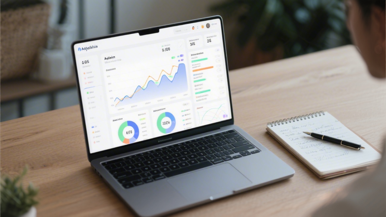 Laptop displaying analytics dashboard with line charts and metrics, notebook with notes and a pen, representing hands-on work with marketing data tools.