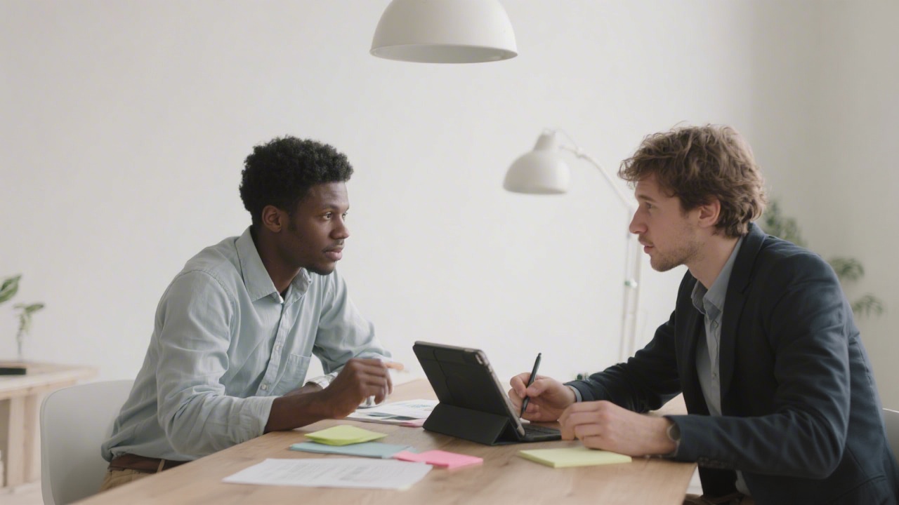Two people discussing marketing notes at a table with a tablet, illustrating an informative and transparent consultation process.