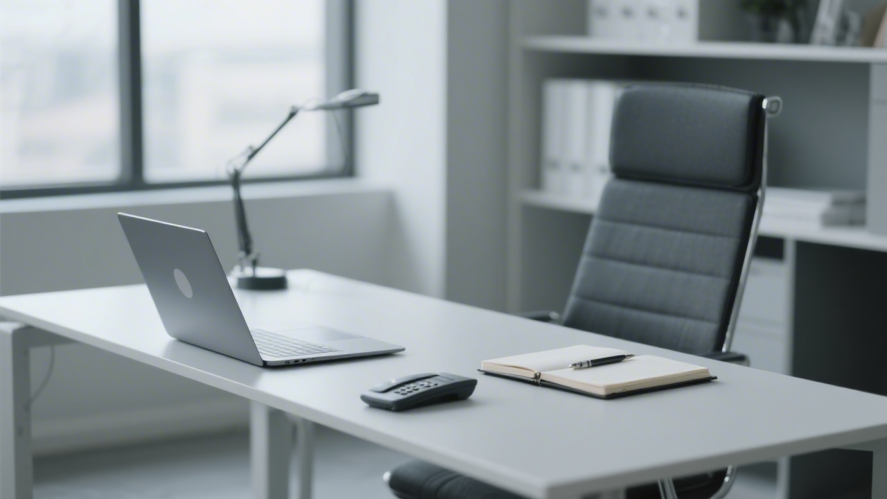 Modern office desk with laptop, notebook and phone, showing a calm and professional environment for client communication and consultations.