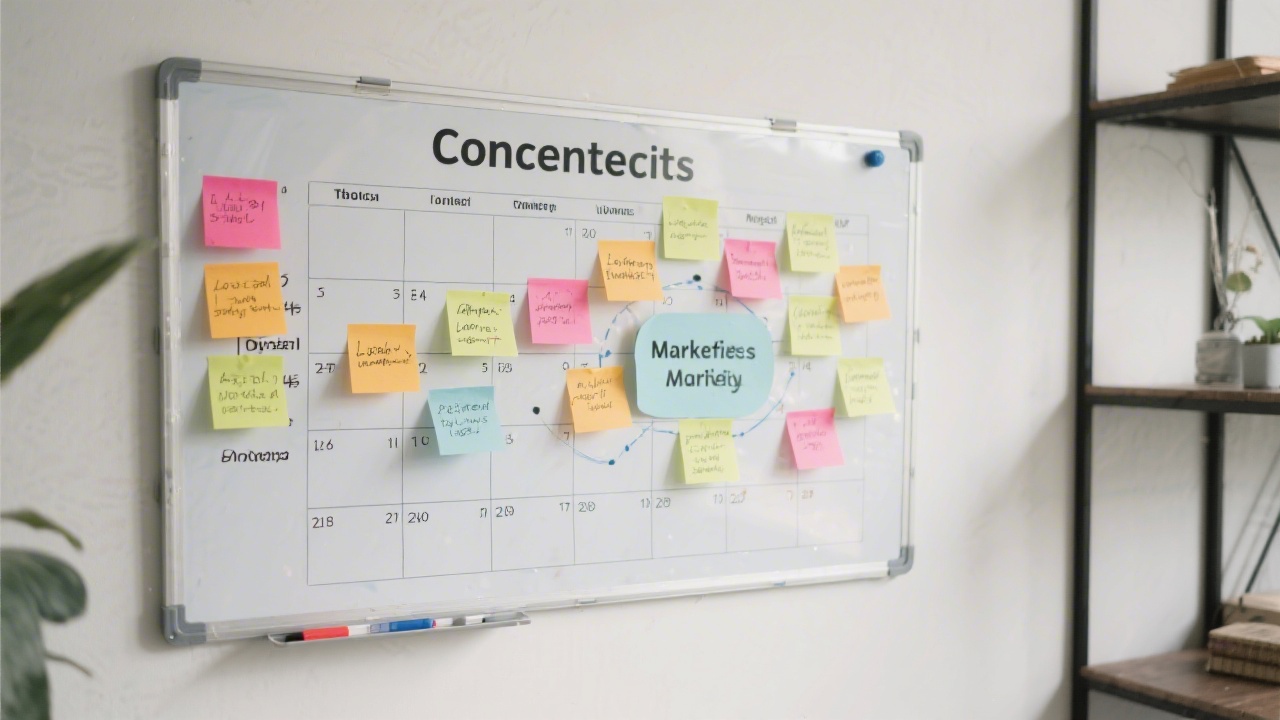 Whiteboard with a content calendar, topic clusters and sticky notes, representing structured content marketing planning for a local business website.