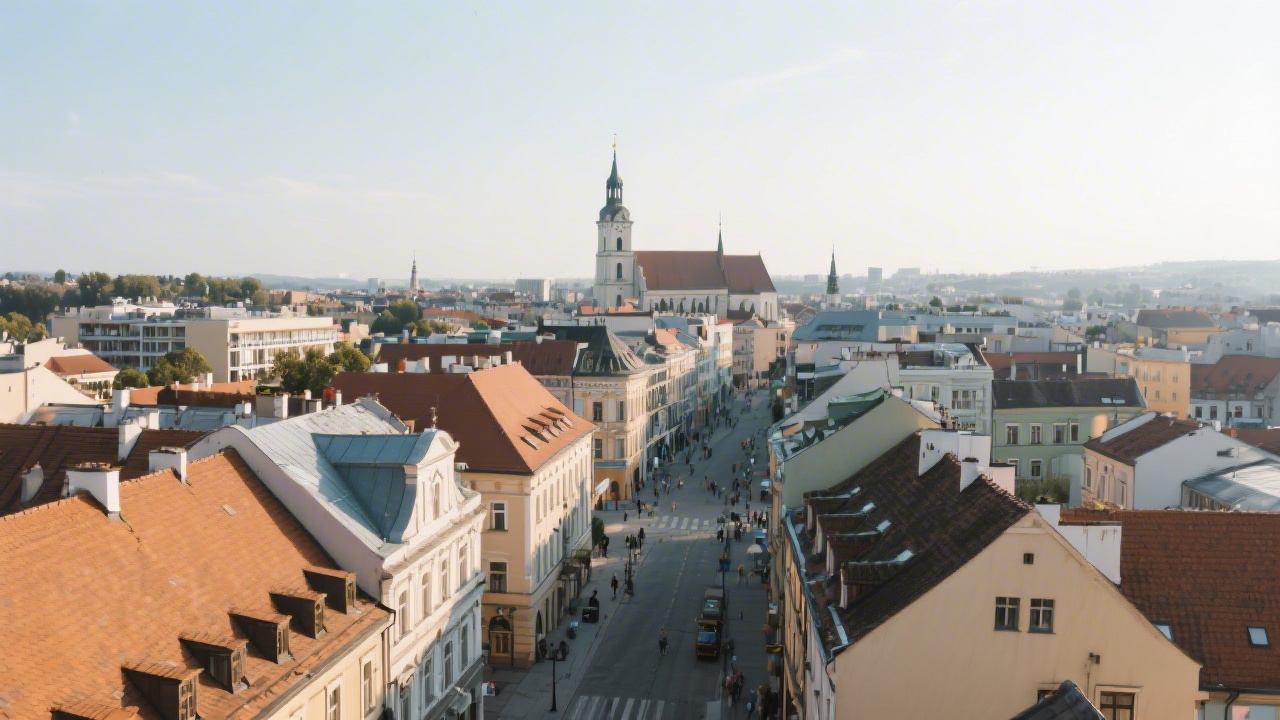 Wide angle view of Plzen city center rooftops and streets in soft daylight, symbolizing local business environment and modern digital learning atmosphere.