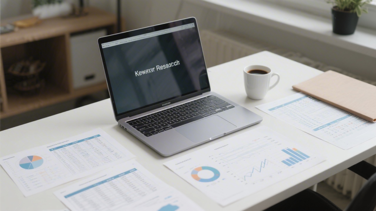 Desk with laptop showing keyword research tables, printed charts and a cup of coffee, representing analytical SEO work with data-driven focus.