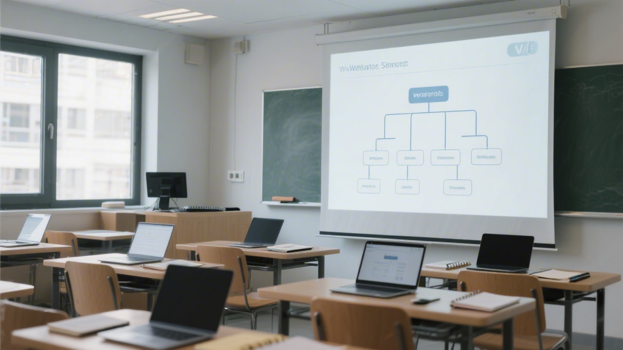 Classroom scene with laptops, notebooks and a projector screen showing a website structure diagram, highlighting a focused educational workshop environment.