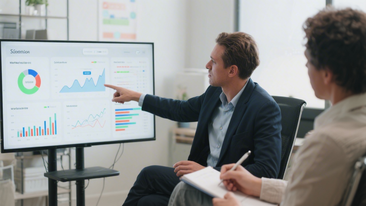 Consultant pointing at a screen with marketing metrics while a client takes notes, showing a clear and structured guidance session.