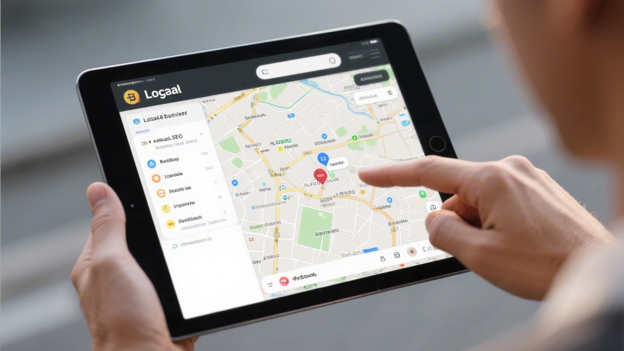Tablet showing local business profile and map results, with a person highlighting key information, representing local SEO optimization work.