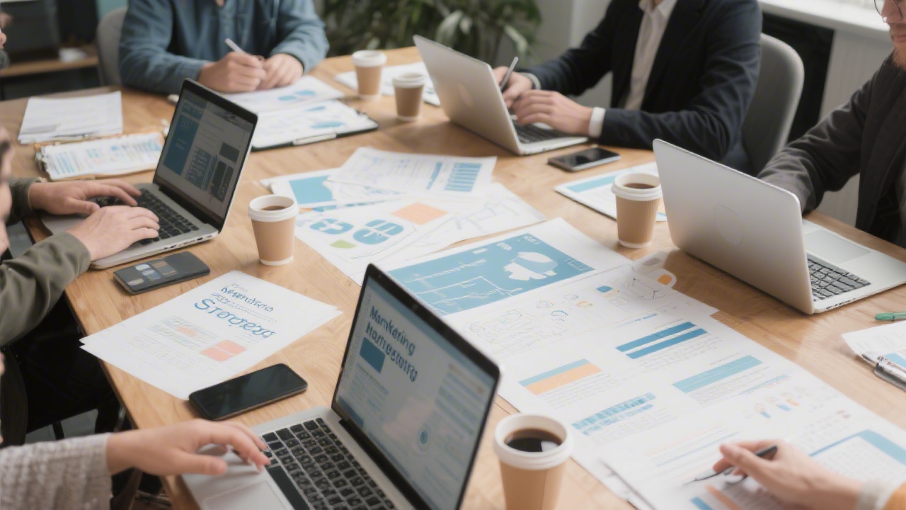 Workshop table with marketing strategy documents, laptops and coffee, highlighting a collaborative service planning session for SEO projects.